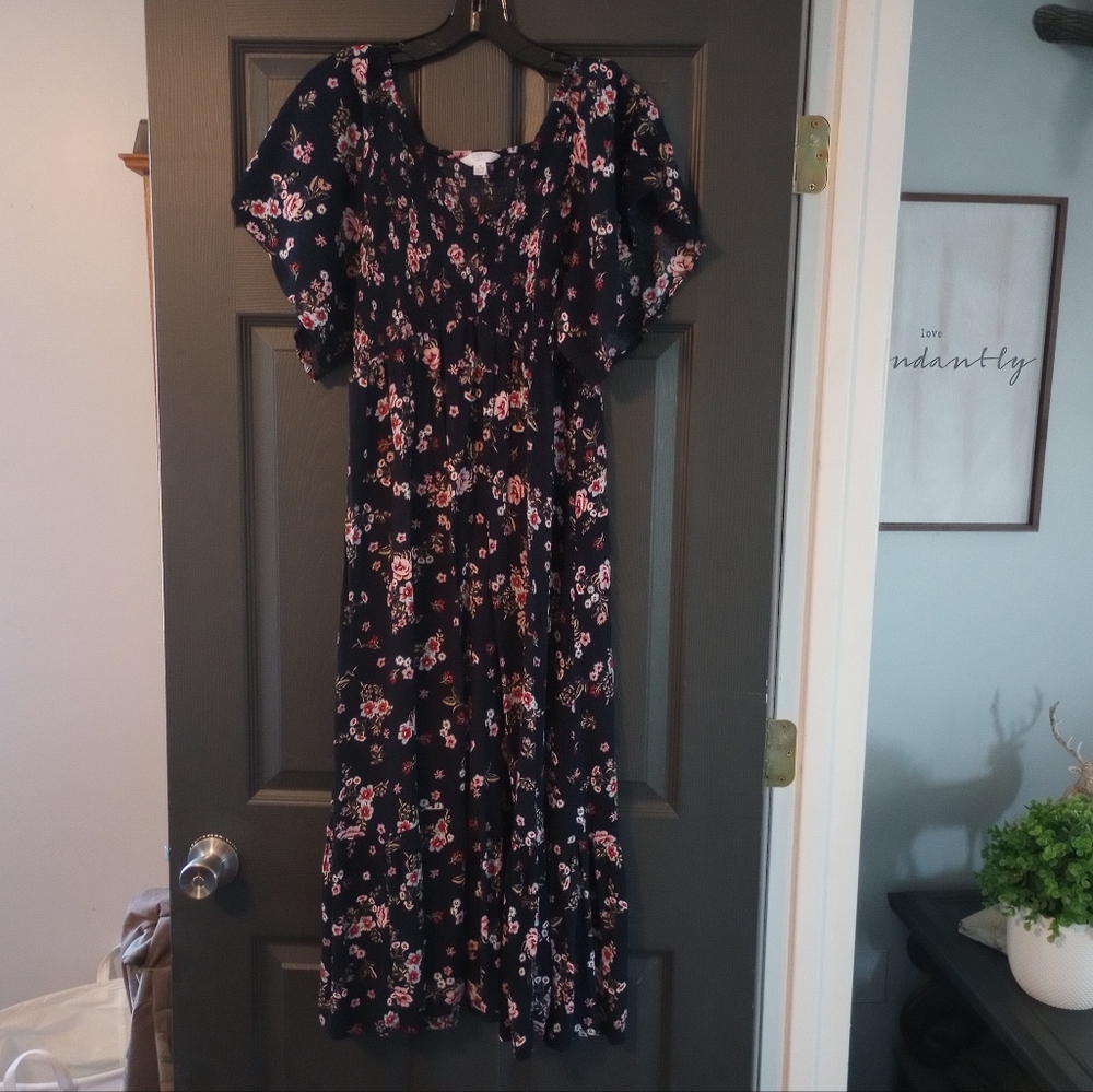 Floral Spring Time Puff Sleeve Maxi Dress Navy Blue Stretchy Conforming Flowers